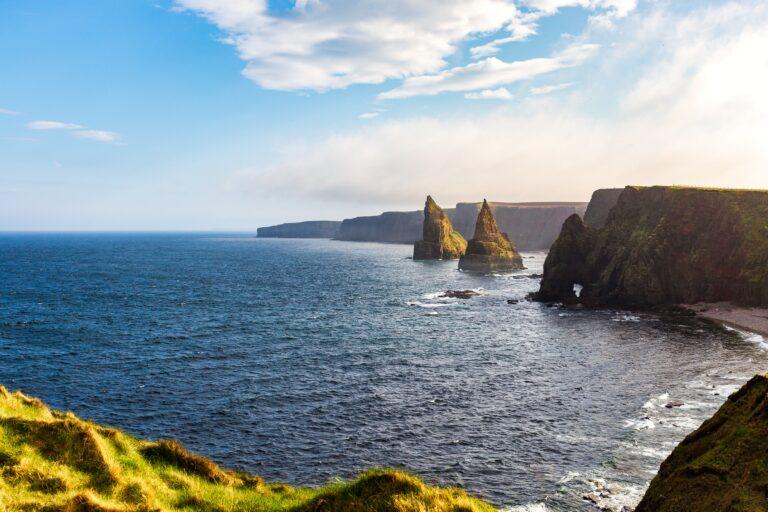 Duncansby Stacks near John o Groats, on a partly cloudy day with some sun shining through