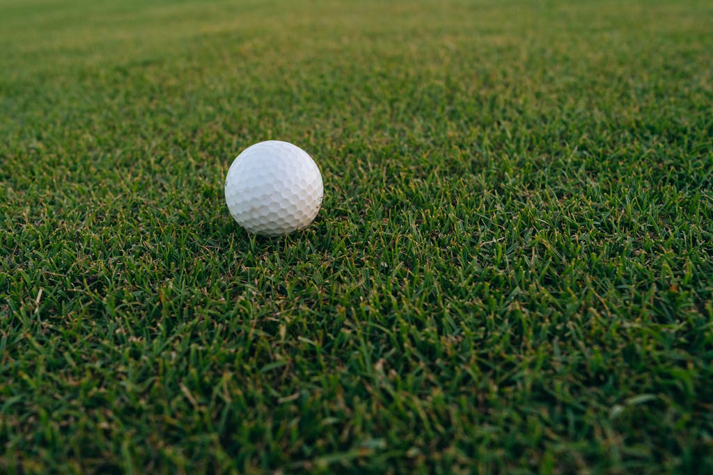 A close-up image of a golf ball resting on vibrant green grass, perfect for sports and recreation themes.
